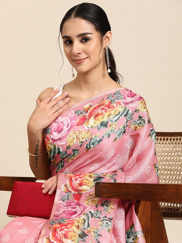 Pink Cotton Blend Digital Print Floral Saree with Unstitched Blouse - Hiral Fashion - Distacart