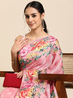 Thumbnail for Pink Cotton Blend Digital Print Floral Saree with Unstitched Blouse - Hiral Fashion - Distacart