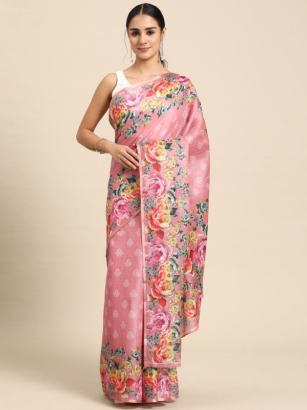 Pink Cotton Blend Digital Print Floral Saree with Unstitched Blouse - Hiral Fashion - Distacart