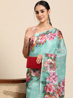 Thumbnail for Turquoise Cotton Blend Digital Print Floral Saree with Unstitched Blouse - Hiral Fashion - Distacart