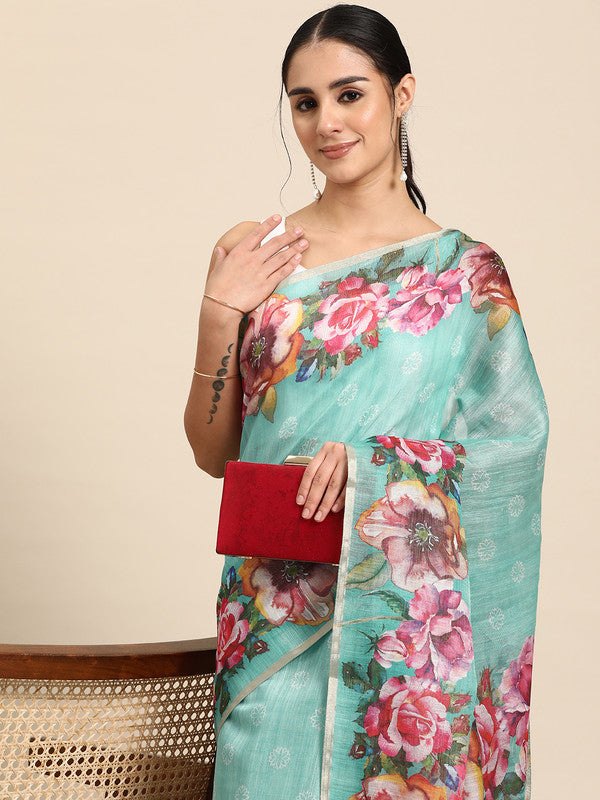 Turquoise Cotton Blend Digital Print Floral Saree with Unstitched Blouse - Hiral Fashion - Distacart