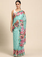 Thumbnail for Turquoise Cotton Blend Digital Print Floral Saree with Unstitched Blouse - Hiral Fashion - Distacart