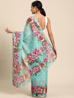 Thumbnail for Turquoise Cotton Blend Digital Print Floral Saree with Unstitched Blouse - Hiral Fashion - Distacart