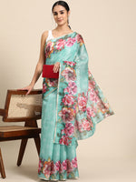 Thumbnail for Turquoise Cotton Blend Digital Print Floral Saree with Unstitched Blouse - Hiral Fashion - Distacart