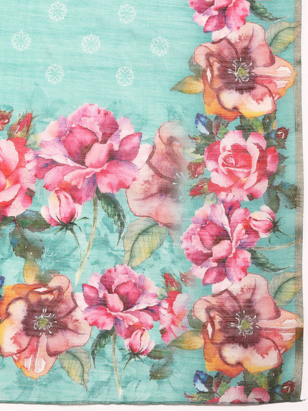 Turquoise Cotton Blend Digital Print Floral Saree with Unstitched Blouse - Hiral Fashion - Distacart