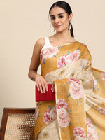Thumbnail for Beige Cotton Blend Digital Print Floral Saree with Unstitched Blouse - Hiral Fashion - Distacart