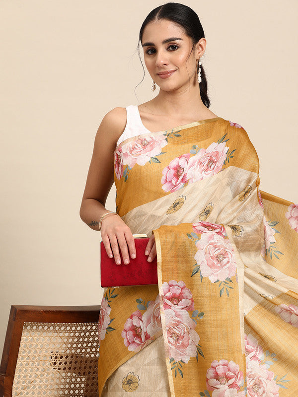 Beige Cotton Blend Digital Print Floral Saree with Unstitched Blouse - Hiral Fashion - Distacart