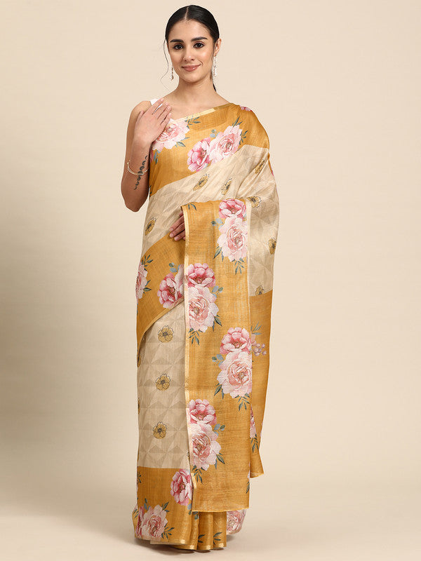 Beige Cotton Blend Digital Print Floral Saree with Unstitched Blouse - Hiral Fashion - Distacart