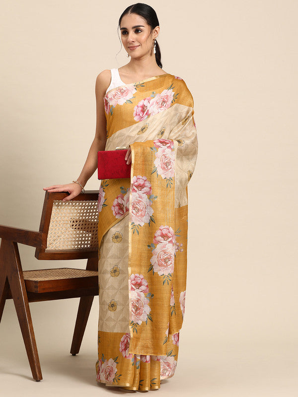 Beige Cotton Blend Digital Print Floral Saree with Unstitched Blouse - Hiral Fashion - Distacart