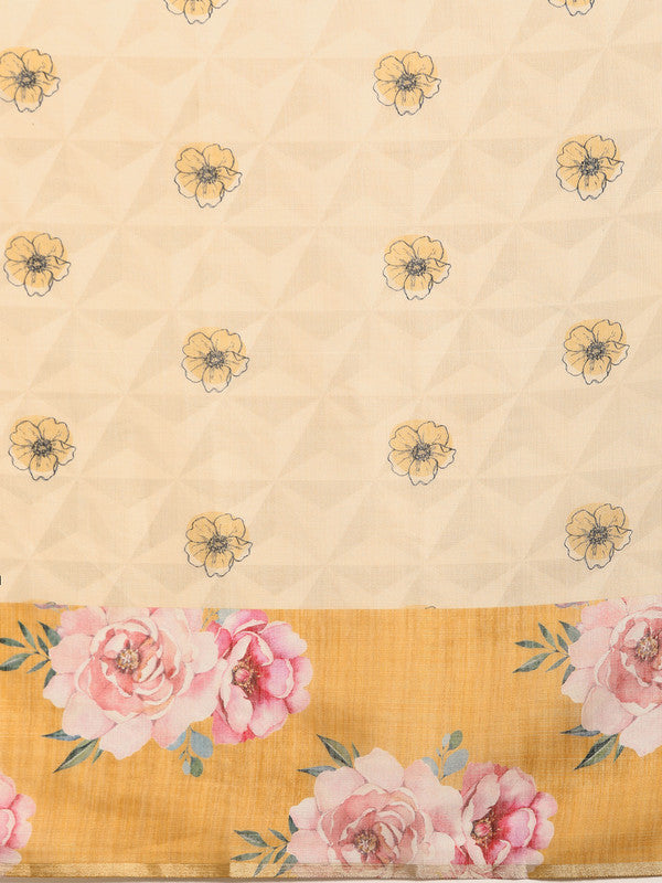 Beige Cotton Blend Digital Print Floral Saree with Unstitched Blouse - Hiral Fashion - Distacart