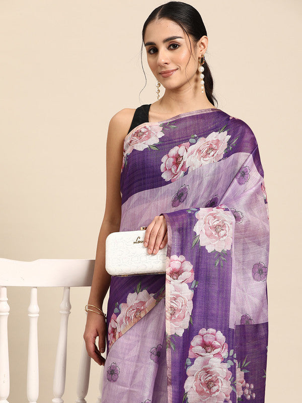 Lavender Cotton Blend Digital Print Floral Saree with Unstitched Blouse - Hiral Fashion - Distacart