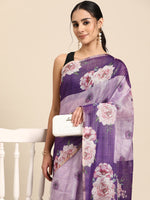 Thumbnail for Lavender Cotton Blend Digital Print Floral Saree with Unstitched Blouse - Hiral Fashion - Distacart