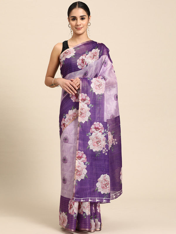 Lavender Cotton Blend Digital Print Floral Saree with Unstitched Blouse - Hiral Fashion - Distacart
