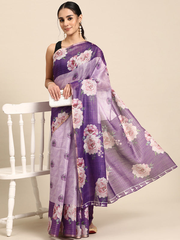 Lavender Cotton Blend Digital Print Floral Saree with Unstitched Blouse - Hiral Fashion - Distacart
