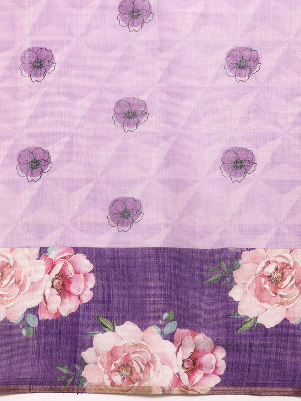 Lavender Cotton Blend Digital Print Floral Saree with Unstitched Blouse - Hiral Fashion - Distacart