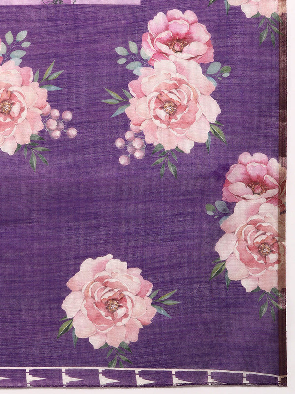 Lavender Cotton Blend Digital Print Floral Saree with Unstitched Blouse - Hiral Fashion - Distacart