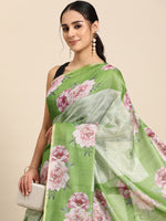 Thumbnail for Olive Cotton Blend Digital Print Floral Saree with Unstitched Blouse - Hiral Fashion - Distacart