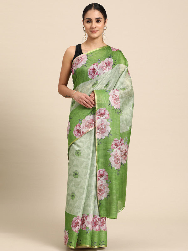Olive Cotton Blend Digital Print Floral Saree with Unstitched Blouse - Hiral Fashion - Distacart