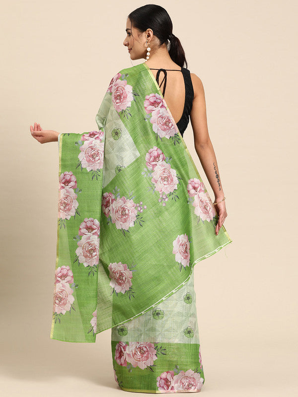 Olive Cotton Blend Digital Print Floral Saree with Unstitched Blouse - Hiral Fashion - Distacart