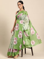 Thumbnail for Olive Cotton Blend Digital Print Floral Saree with Unstitched Blouse - Hiral Fashion - Distacart