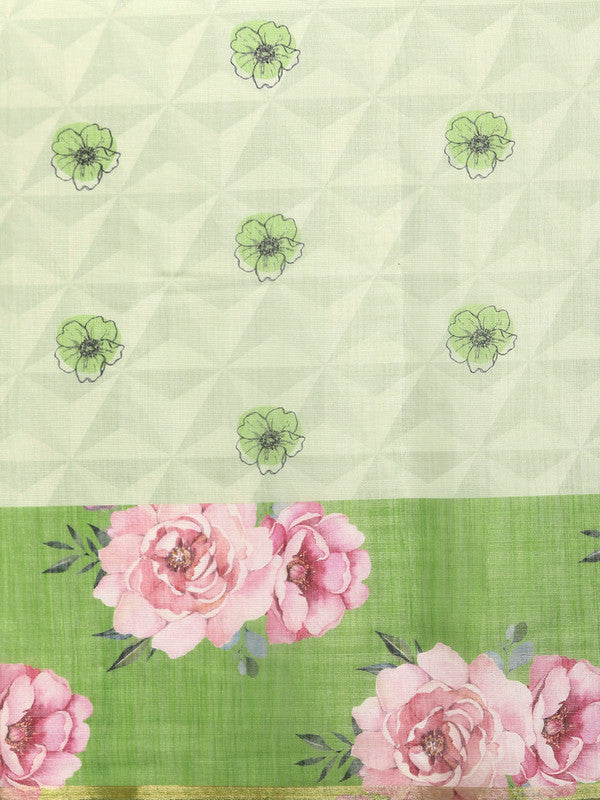 Olive Cotton Blend Digital Print Floral Saree with Unstitched Blouse - Hiral Fashion - Distacart