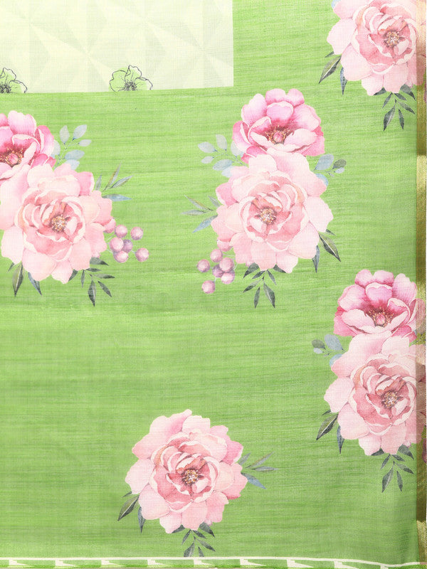 Olive Cotton Blend Digital Print Floral Saree with Unstitched Blouse - Hiral Fashion - Distacart