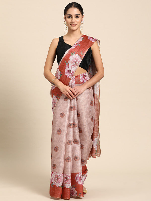 Peach Cotton Blend Digital Print Floral Saree with Unstitched Blouse - Hiral Fashion - Distacart