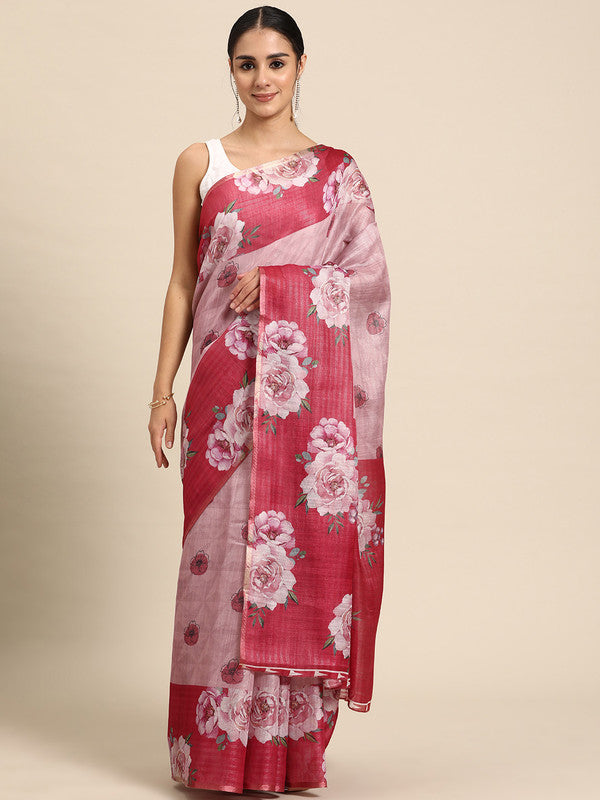 Pink Cotton Blend Digital Print Floral Saree with Unstitched Blouse - Hiral Fashion - Distacart