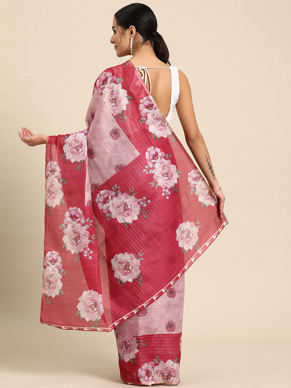 Pink Cotton Blend Digital Print Floral Saree with Unstitched Blouse - Hiral Fashion - Distacart