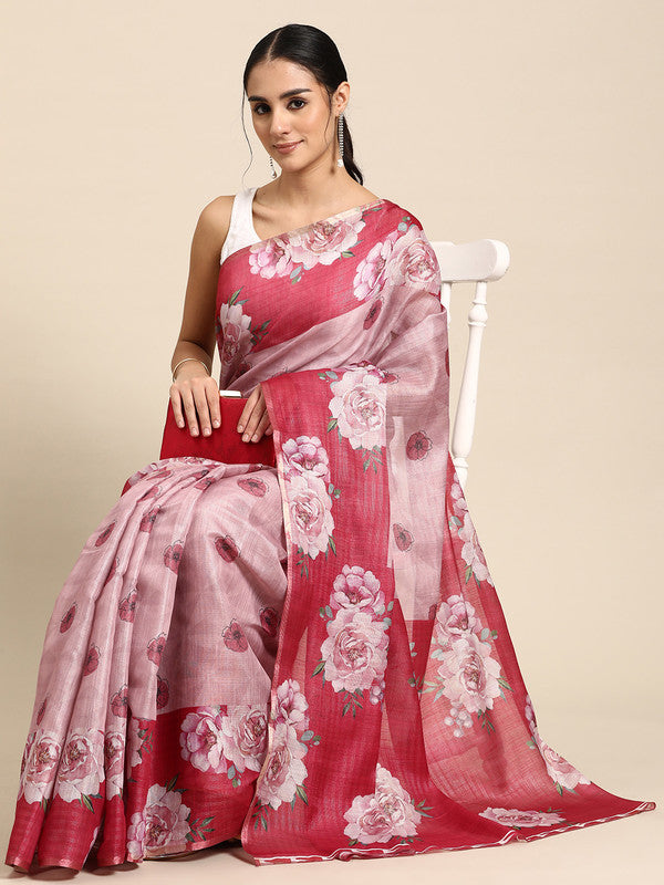 Pink Cotton Blend Digital Print Floral Saree with Unstitched Blouse - Hiral Fashion - Distacart