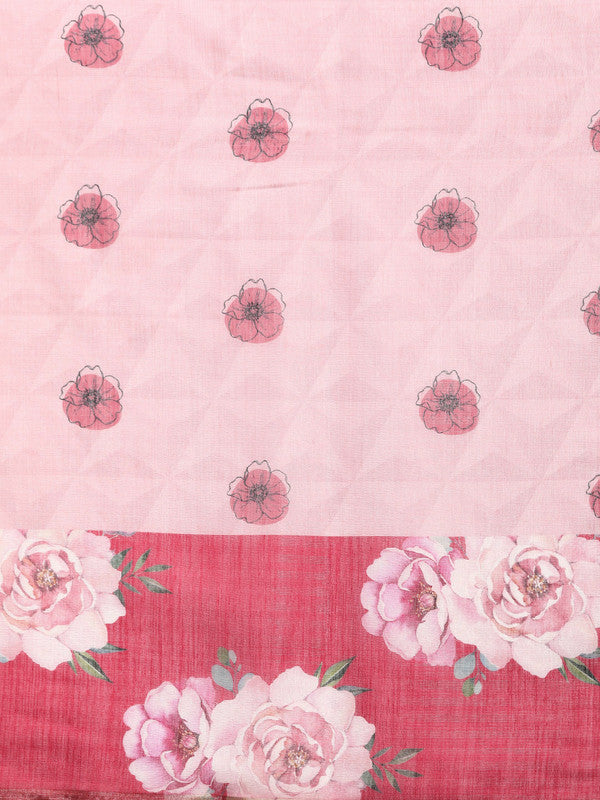 Pink Cotton Blend Digital Print Floral Saree with Unstitched Blouse - Hiral Fashion - Distacart