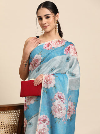 Turquoise Cotton Blend Digital Print Floral Saree with Unstitched Blouse - Hiral Fashion - Distacart