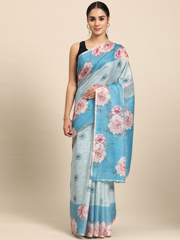 Turquoise Cotton Blend Digital Print Floral Saree with Unstitched Blouse - Hiral Fashion - Distacart