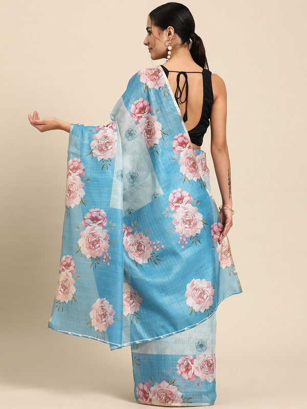 Turquoise Cotton Blend Digital Print Floral Saree with Unstitched Blouse - Hiral Fashion - Distacart