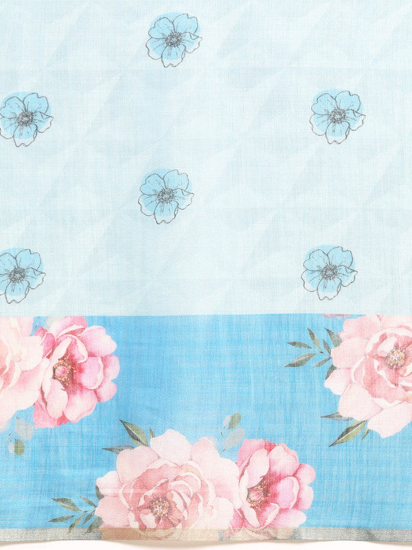 Turquoise Cotton Blend Digital Print Floral Saree with Unstitched Blouse - Hiral Fashion - Distacart