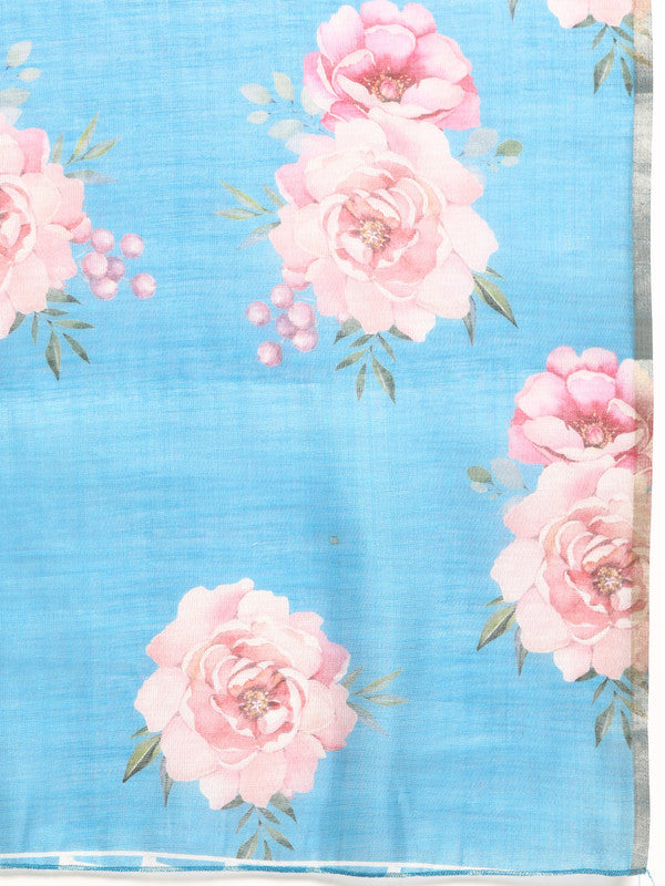 Turquoise Cotton Blend Digital Print Floral Saree with Unstitched Blouse - Hiral Fashion - Distacart