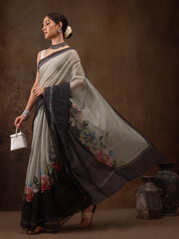 Gray Cotton Blend Digital Print Floral Saree with Unstitched Blouse - Hiral Fashion - Distacart