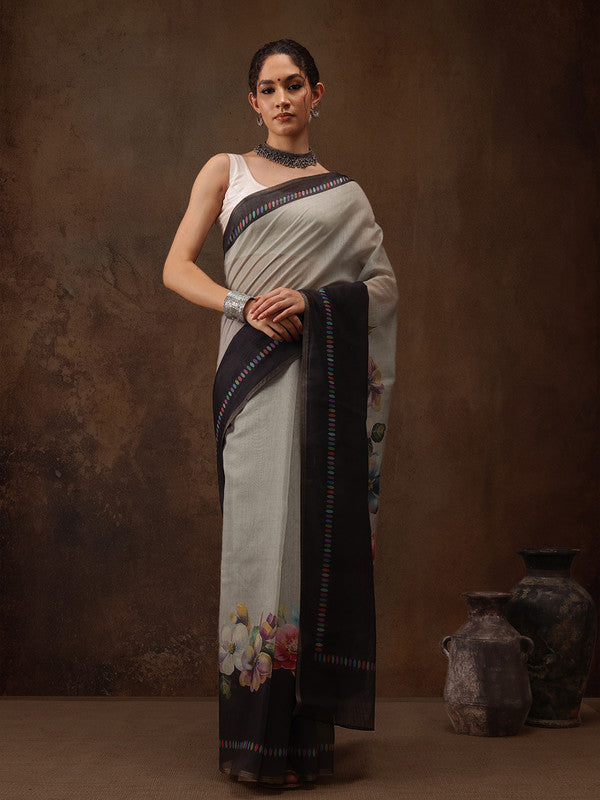 Gray Cotton Blend Digital Print Floral Saree with Unstitched Blouse - Hiral Fashion - Distacart