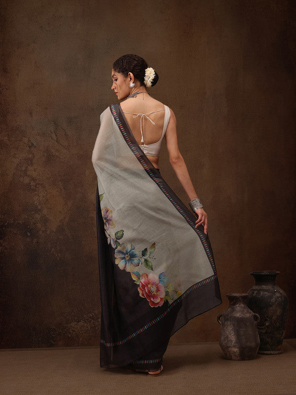 Gray Cotton Blend Digital Print Floral Saree with Unstitched Blouse - Hiral Fashion - Distacart