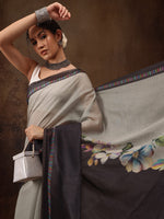 Thumbnail for Gray Cotton Blend Digital Print Floral Saree with Unstitched Blouse - Hiral Fashion - Distacart