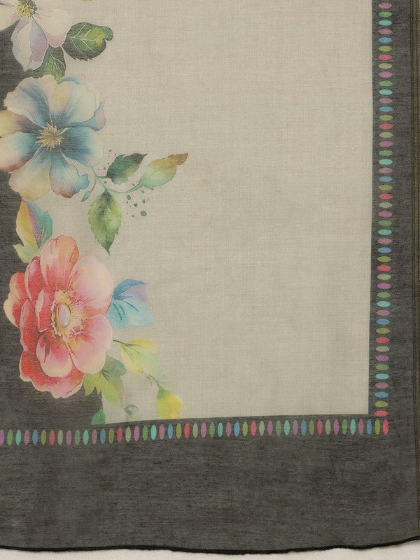 Gray Cotton Blend Digital Print Floral Saree with Unstitched Blouse - Hiral Fashion - Distacart