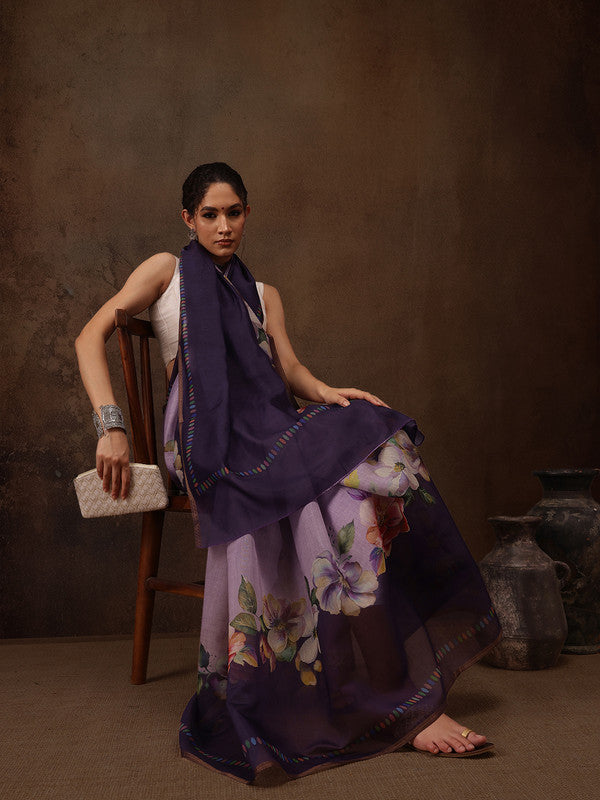 Lavender Cotton Blend Digital Print Floral Saree with Unstitched Blouse - Hiral Fashion - Distacart