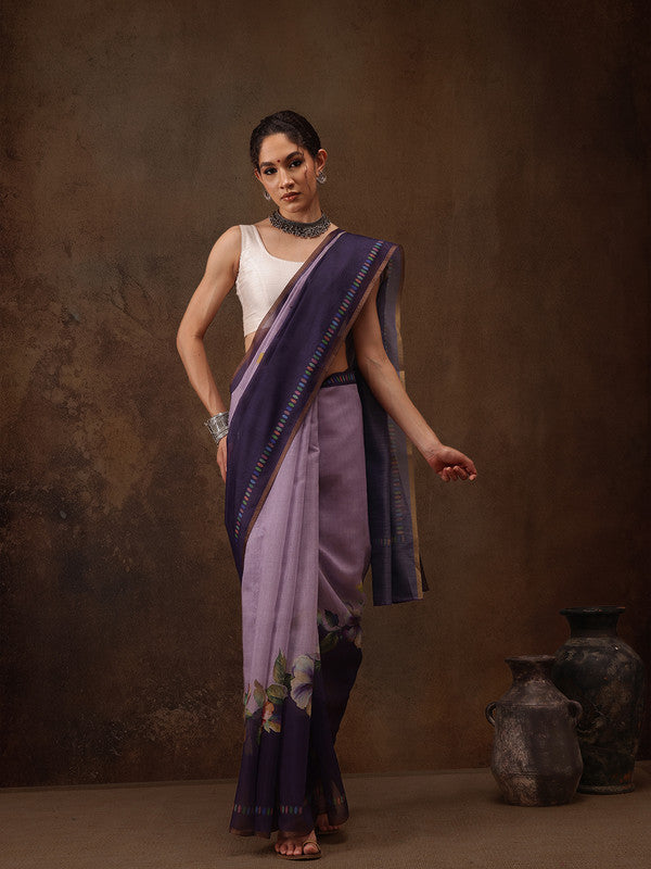 Lavender Cotton Blend Digital Print Floral Saree with Unstitched Blouse - Hiral Fashion - Distacart
