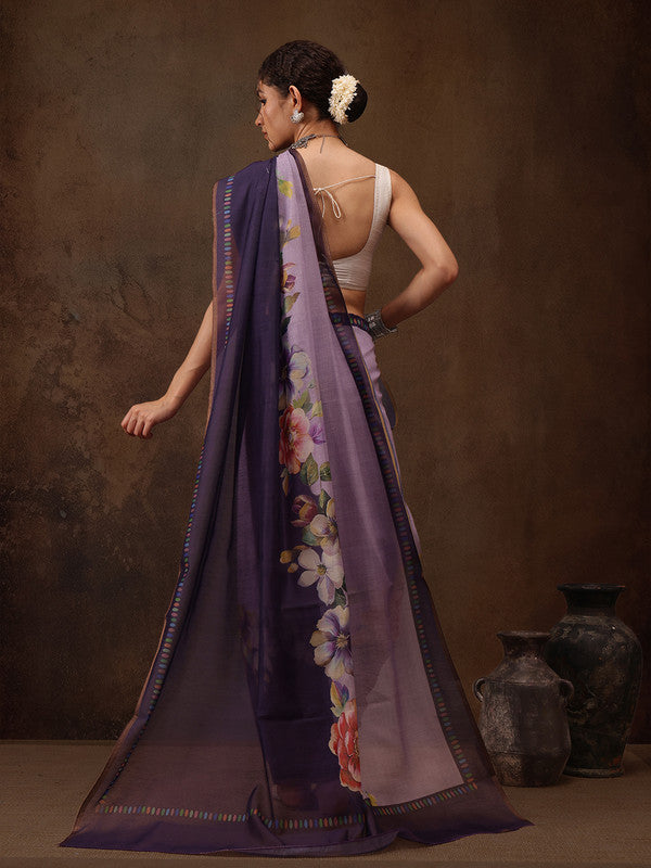 Lavender Cotton Blend Digital Print Floral Saree with Unstitched Blouse - Hiral Fashion - Distacart
