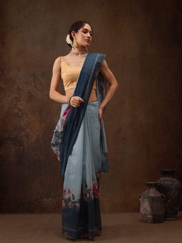 Turquoise Cotton Blend Digital Print Floral Saree with Unstitched Blouse - Hiral Fashion - Distacart