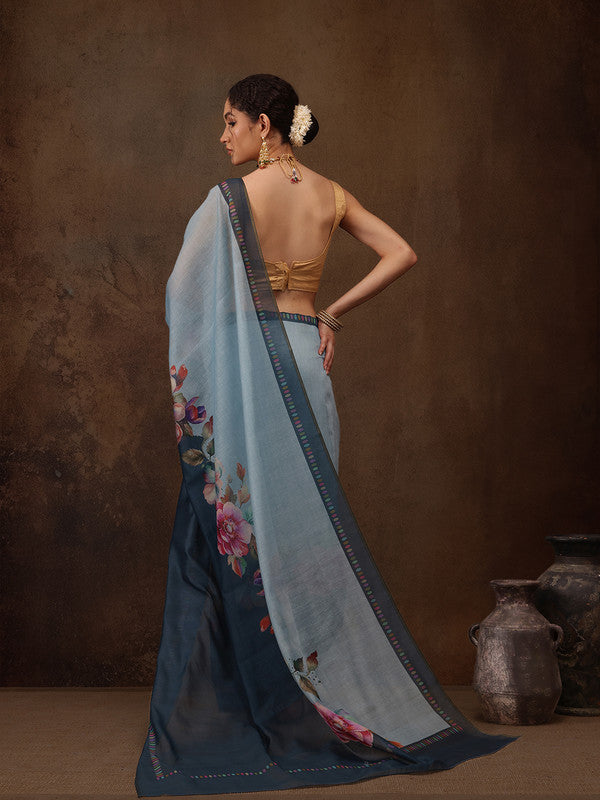 Turquoise Cotton Blend Digital Print Floral Saree with Unstitched Blouse - Hiral Fashion - Distacart