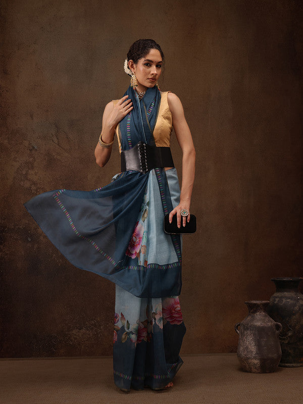 Turquoise Cotton Blend Digital Print Floral Saree with Unstitched Blouse - Hiral Fashion - Distacart