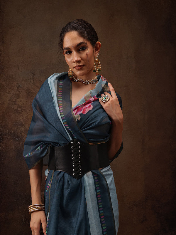 Turquoise Cotton Blend Digital Print Floral Saree with Unstitched Blouse - Hiral Fashion - Distacart