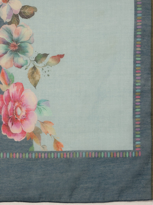 Turquoise Cotton Blend Digital Print Floral Saree with Unstitched Blouse - Hiral Fashion - Distacart