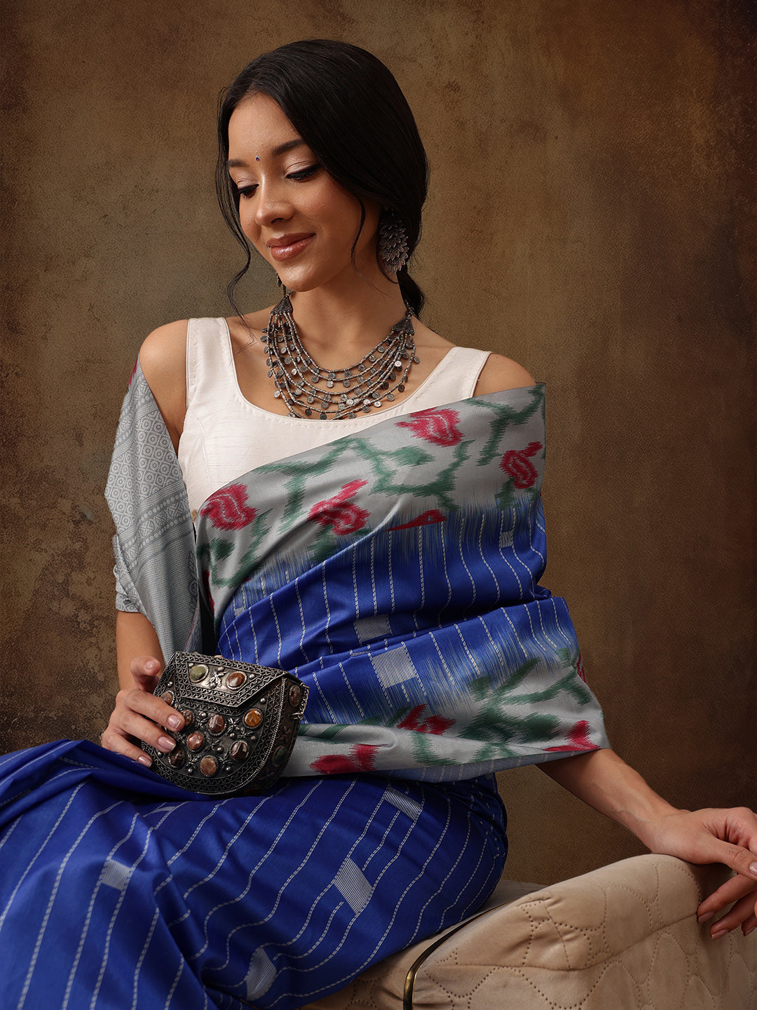 Blue Silk Blend Digital Print Striped Saree with Unstitched Blouse - Hiral Fashion - Distacart